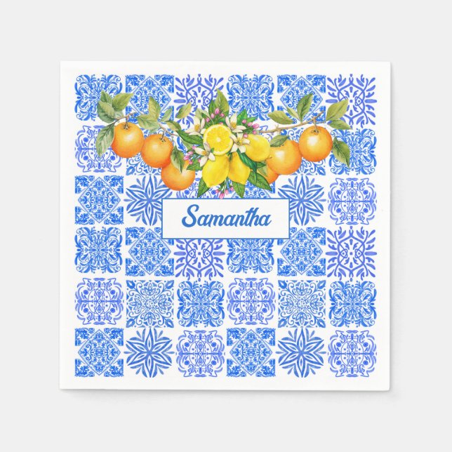 Sicilian blue yellow citrus Mediterranean azulejo  Napkin (Front)