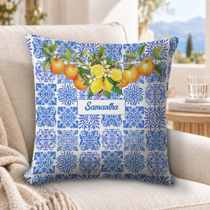 Sicilian Blue Yellow Mediterranean Citrus Tile Cushion