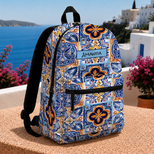 Sicilian Blue Yellow Mediterranean Tile pattern Printed Backpack