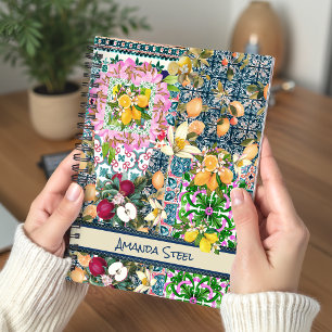 Sicilian Chic Blue Pink Floral Tiles Notebook