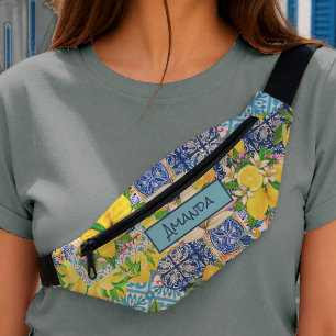Sicilian Citrus Floral Blue Turquoise Tiles Bum Bags
