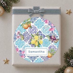 Sicilian citrus floral Mediterranean azulejo tiles Classic Round Sticker