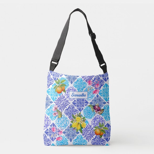 Sicilian citrus floral Mediterranean azulejo tiles Crossbody Bag (Front)