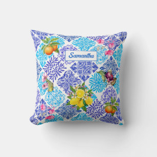 Sicilian citrus floral Mediterranean azulejo tiles Cushion