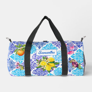 Sicilian citrus floral Mediterranean azulejo tiles Duffle Bag