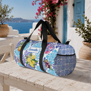 Sicilian citrus floral Mediterranean azulejo tiles Duffle Bag