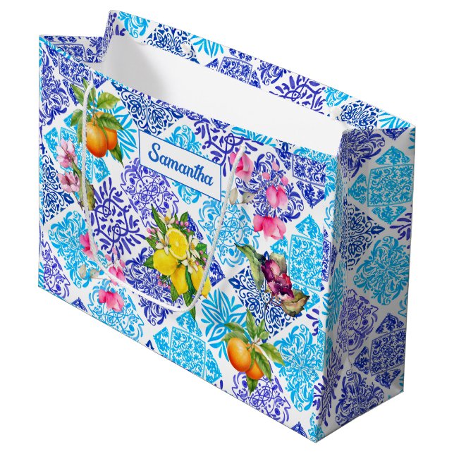 Sicilian citrus floral Mediterranean azulejo tiles Large Gift Bag (Front Angled)