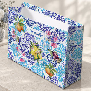 Sicilian citrus floral Mediterranean azulejo tiles Large Gift Bag