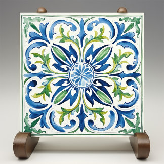 Sicilian Garden Watercolor Blue Green Tile