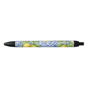 Sicilian Lemon, Blue Maiolica Tile Black Ink Pen