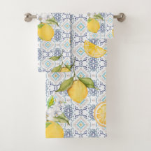 Sicilian Lemon Watercolor Pattern with Ornate Blue