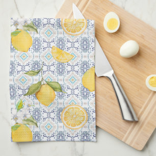 Sicilian Lemon Watercolor Pattern with Ornate Blue Tea Towel