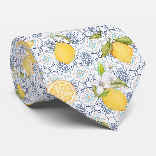 Sicilian Lemon Watercolor Pattern with Ornate Blue Tie (Rolled)