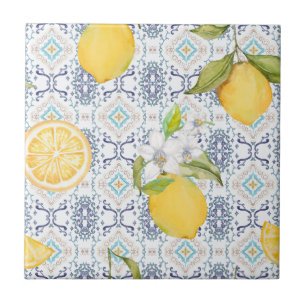 Sicilian Lemon Watercolor Pattern with Ornate Blue Tile