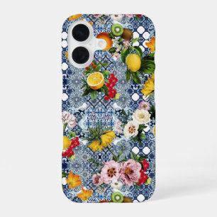 Sicilian lemons and flowers vintage tiles pattern iPhone 16 case
