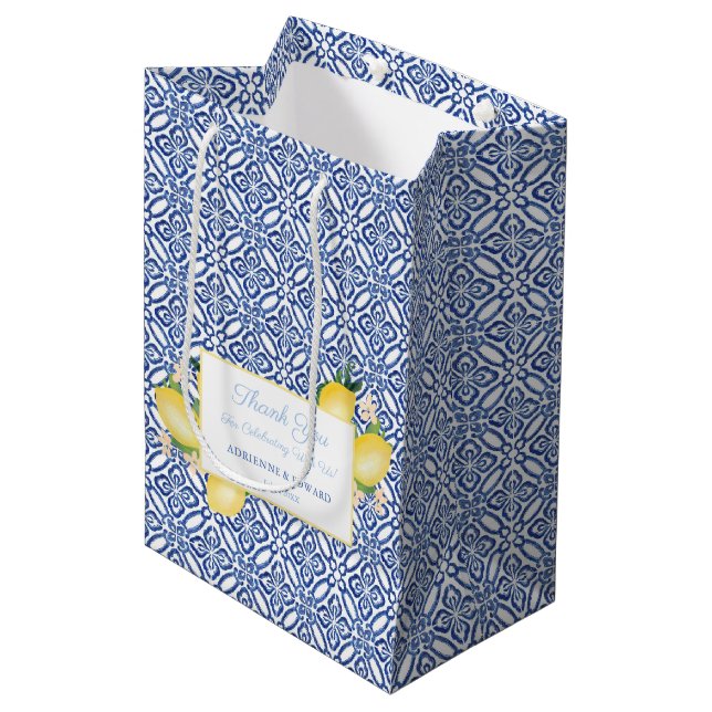 Sicilian Lemons Blue Tiles Wedding Favour Medium Gift Bag (Front Angled)