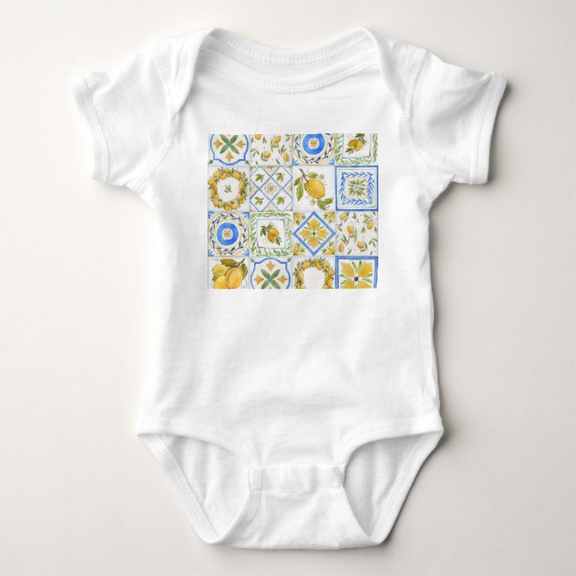 Sicilian Lemons Watercolor Square Pattern Baby Bodysuit (Front)