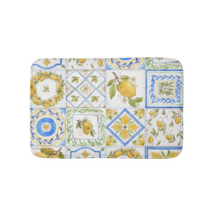 Sicilian Lemons Watercolor Square Pattern Bath Mat