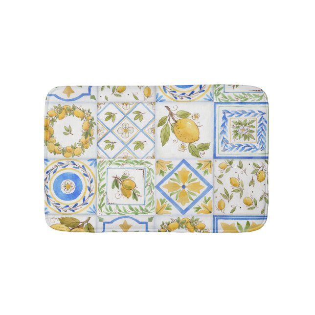 Sicilian Lemons Watercolor Square Pattern Bath Mat (Front)