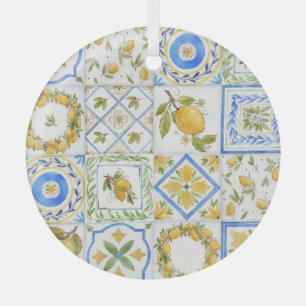 Sicilian Lemons Watercolor Square Pattern Glass Tree Decoration