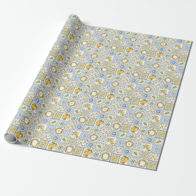 Sicilian Lemons Watercolor Square Pattern Wrapping Paper (Unrolled)