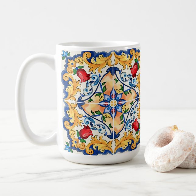 Sicilian Majolica Colorful Tile Pattern Coffee Mug (With Donut)