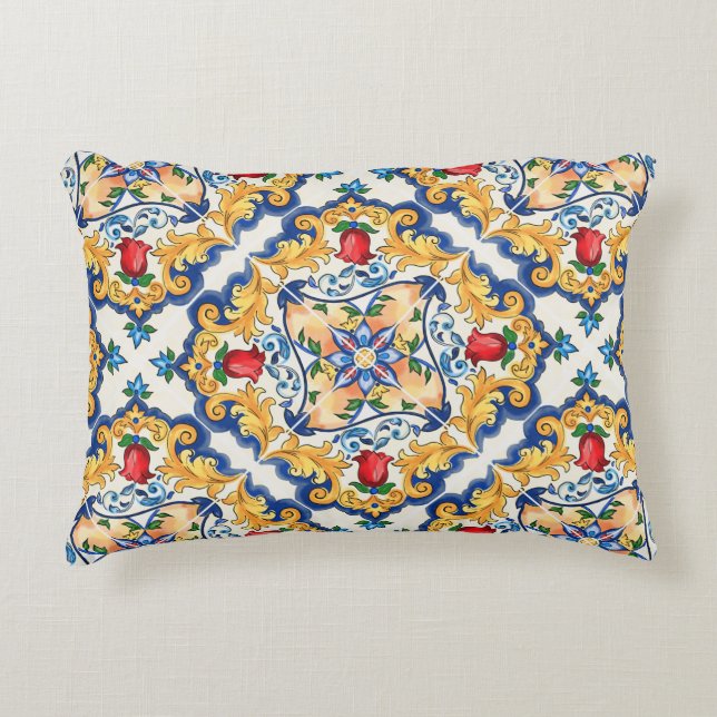 Sicilian Majolica Colorful Tile Pattern Decorative Cushion (Front)
