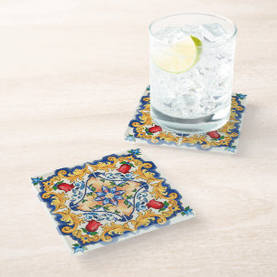 Sicilian Majolica Colorful Tile Pattern Glass Coaster