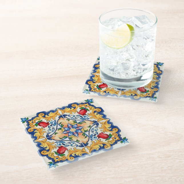 Sicilian Majolica Colorful Tile Pattern Glass Coaster (Angled)