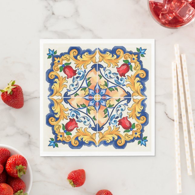 Sicilian Majolica Colorful Tile Pattern Napkin (Insitu)