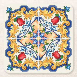 Sicilian Majolica Colorful Tile Pattern Square Paper Coaster