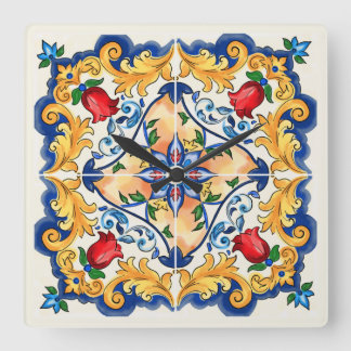 Sicilian Majolica Colourful Tile Pattern Square Wall Clock