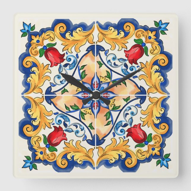 Sicilian Majolica Colourful Tile Pattern Square Wall Clock (Front)