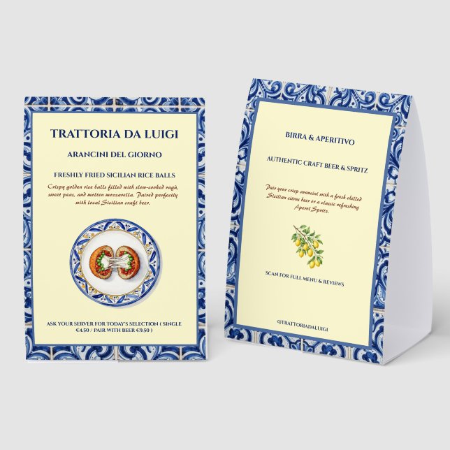 Sicilian Majolica Tile Paper Table Tent  Arancini (Front/Back)