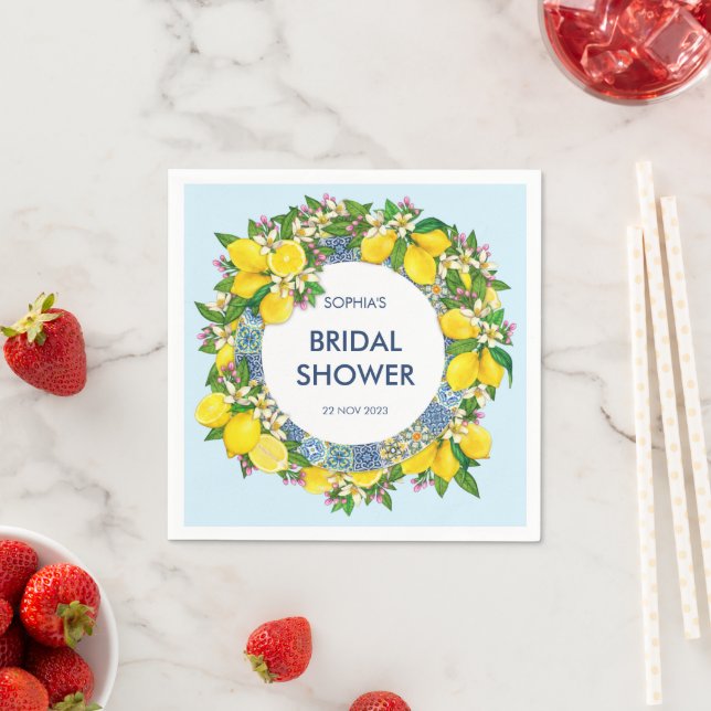 Sicilian Majolica Tiles Floral Leafy Lemon Garland Napkin (Insitu)