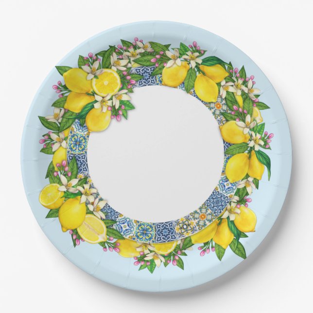 Sicilian Majolica Tiles Floral Leafy Lemon Garland Paper Plate (Front)