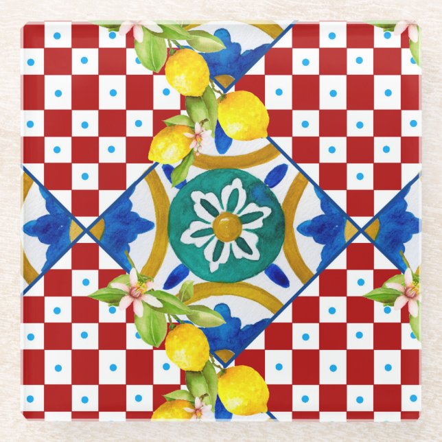 Sicilian,majolica,tiles,lemons  napkin glass coaster (Front)