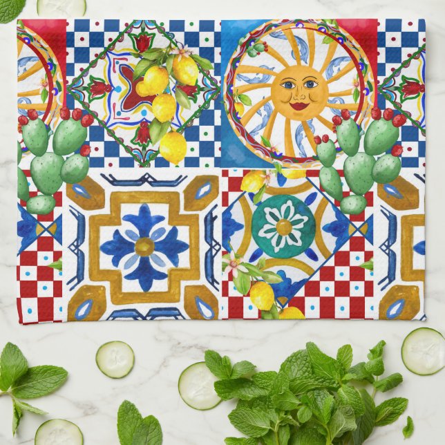 Sicilian,majolica,tiles,lemons   tea towel (Folded)