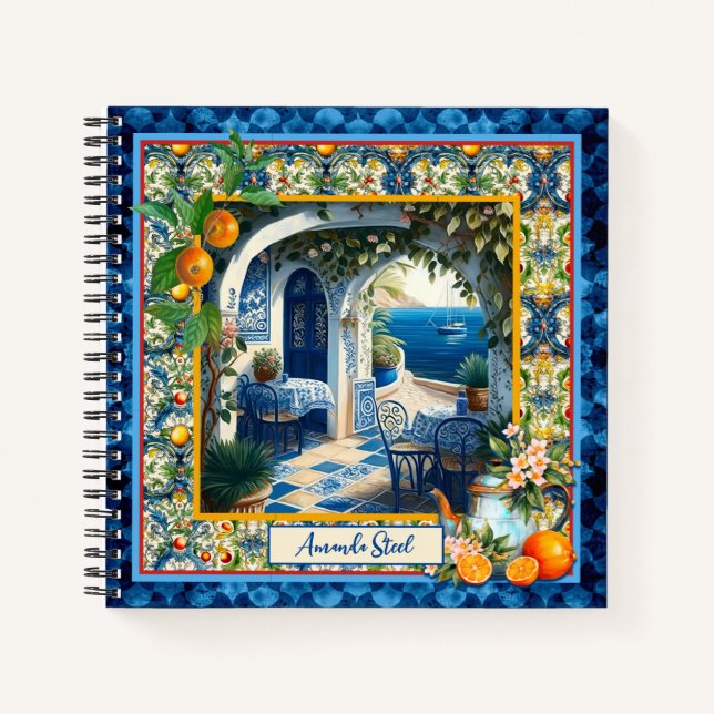Sicilian Mediterranean Blue Citrus Tiles Notebook (Front)