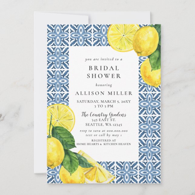 Sicilian Mediterranean Blue Lemons Bridal Shower Invitation (Front)