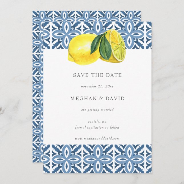 Sicilian Mediterranean Blue Lemons Save The Date   Announcement (Front/Back)