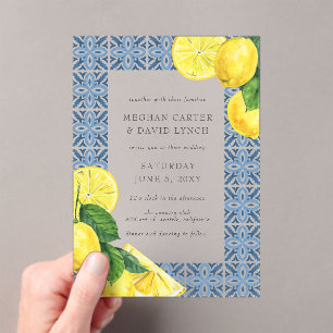 Sicilian Mediterranean Blue Tiles Lemon Wedding Acrylic Invitations