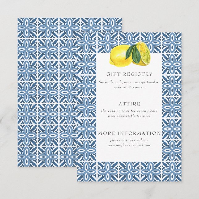 Sicilian Mediterranean Blue Tiles Lemon Wedding  Enclosure Card (Front/Back)