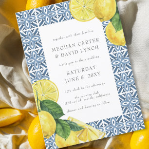 Sicilian Mediterranean Blue Tiles Lemon Wedding Invitation