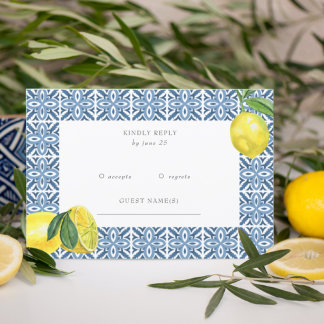Sicilian Mediterranean Blue Tiles Lemon Wedding RSVP Card