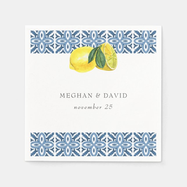 Sicilian Mediterranean Blue Tiles Lemons Wedding  Napkin (Front)