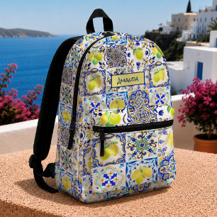 Sicilian Mediterranean Blue Yellow Majolica Citrus Printed Backpack