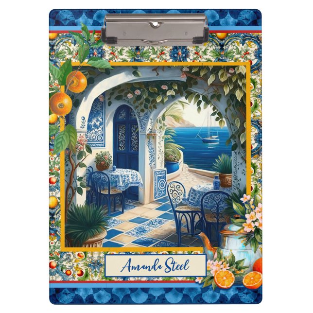 Sicilian Mediterranean citrus blue tiles Clipboard (Front)