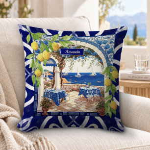 Sicilian Mediterranean majolica citrus blue tiles Cushion