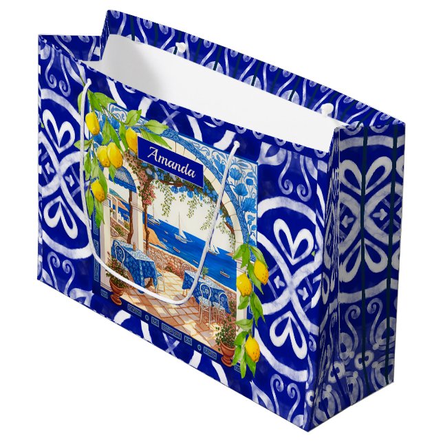 Sicilian Mediterranean majolica citrus blue tiles Large Gift Bag (Front Angled)